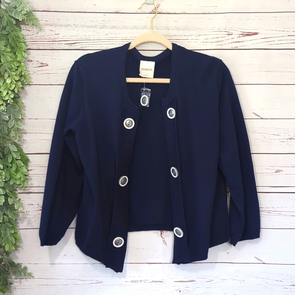 Bedford Fair Navy Blue Open Cardigan Women's Large‎ 3/4 Sleeve Preppy Nautical
